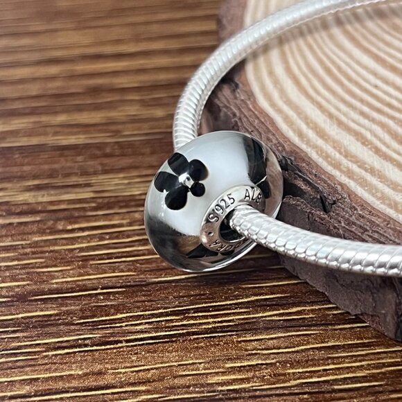 Murano Glass Black Flower White Clear Bead Charm - Picture 3 of 6